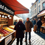 "A bustling German marketplace, with vendors proudly displaying the origin and ethical production details of their products on clear, informative signs. Focus on local, artisanal goods, with shoppers carefully examining labels and QR codes. Sunlight streams through a clear autumn sky.  Emphasis on authenticity and consumer trust.  Shot in a realistic, documentary style."