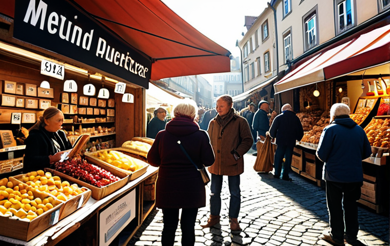 "A bustling German marketplace, with vendors proudly displaying the origin and ethical production details of their products on clear, informative signs. Focus on local, artisanal goods, with shoppers carefully examining labels and QR codes. Sunlight streams through a clear autumn sky.  Emphasis on authenticity and consumer trust.  Shot in a realistic, documentary style."
