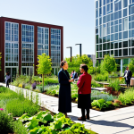 A diverse group of professional adults, fully clothed in modest and appropriate attire, engaged in a collaborative discussion within a vibrant urban community garden. The garden features lush vertical gardens and a bioswale system. In the background, modern, energy-efficient buildings with green roofs and solar panels reflect sustainable architecture, under bright daylight in a clean urban environment. professional photography, high resolution, perfect anatomy, correct proportions, natural pose, well-formed hands, proper finger count, natural body proportions, safe for work, appropriate content, fully clothed, modest, family-friendly.