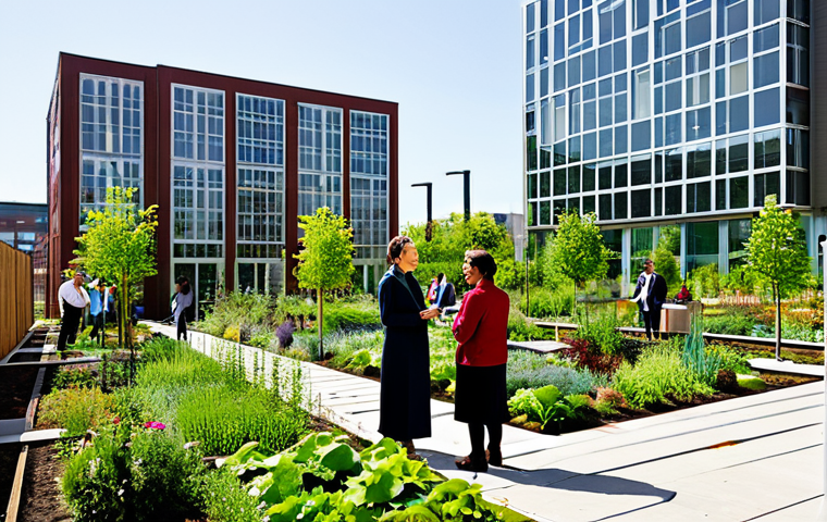 A diverse group of professional adults, fully clothed in modest and appropriate attire, engaged in a collaborative discussion within a vibrant urban community garden. The garden features lush vertical gardens and a bioswale system. In the background, modern, energy-efficient buildings with green roofs and solar panels reflect sustainable architecture, under bright daylight in a clean urban environment. professional photography, high resolution, perfect anatomy, correct proportions, natural pose, well-formed hands, proper finger count, natural body proportions, safe for work, appropriate content, fully clothed, modest, family-friendly.
