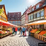 Home 20 지속가능한 라이프스타일을 위한 팁 - A vibrant German farmers' market scene during a sunny morning, featuring local vendors selling fresh...