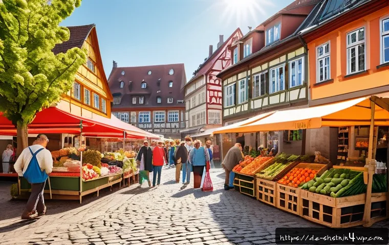 지속가능한 라이프스타일을 위한 팁 - A vibrant German farmers' market scene during a sunny morning, featuring local vendors selling fresh...