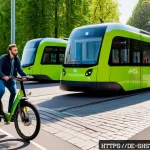 Home 19 지속가능한 공공 정책 개발 과정 - A vibrant urban scene in a German city featuring sustainable mobility: diverse people using E-bikes ...