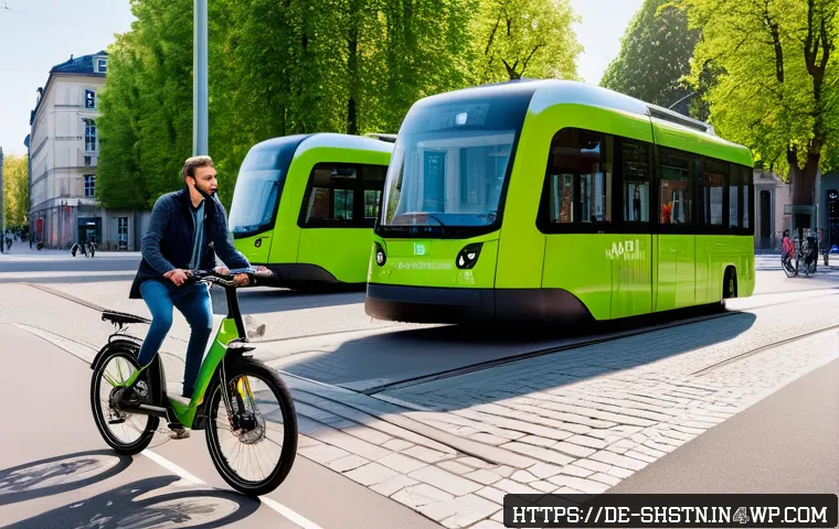 지속가능한 공공 정책 개발 과정 - A vibrant urban scene in a German city featuring sustainable mobility: diverse people using E-bikes ...