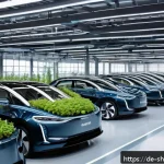 Home 18 지속가능한 기업 사례 분석 - A modern German automotive manufacturing plant showcasing sustainable innovation: a sleek assembly l...