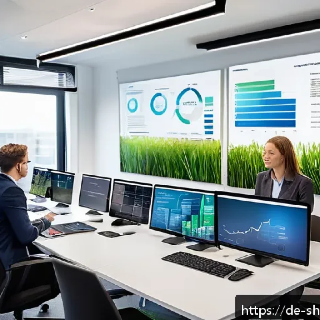 지속가능한 발전 목표 SDGs 와 기업의 역할 - A modern German mid-sized company office environment showcasing a diverse team of professionals enga...