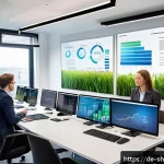 Home 23 지속가능한 발전 목표 SDGs 와 기업의 역할 - A modern German mid-sized company office environment showcasing a diverse team of professionals enga...