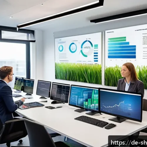 Home 17 지속가능한 발전 목표 SDGs 와 기업의 역할 - A modern German mid-sized company office environment showcasing a diverse team of professionals enga...