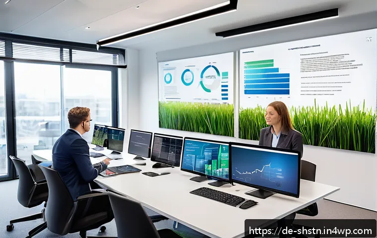 지속가능한 발전 목표 SDGs 와 기업의 역할 - A modern German mid-sized company office environment showcasing a diverse team of professionals enga...
